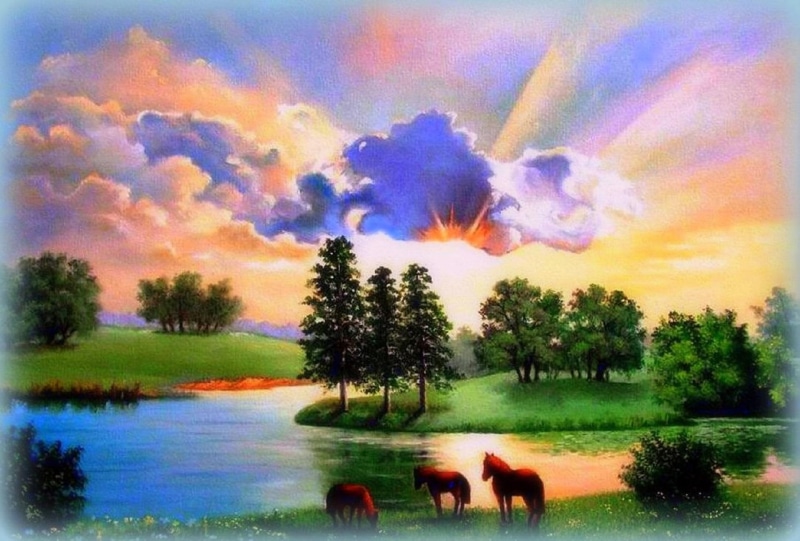 1080P, creative-pre--made, landscapes, reflections, scenery, grass, drawings, view, softness-beauty, rivers, abundance, clouds