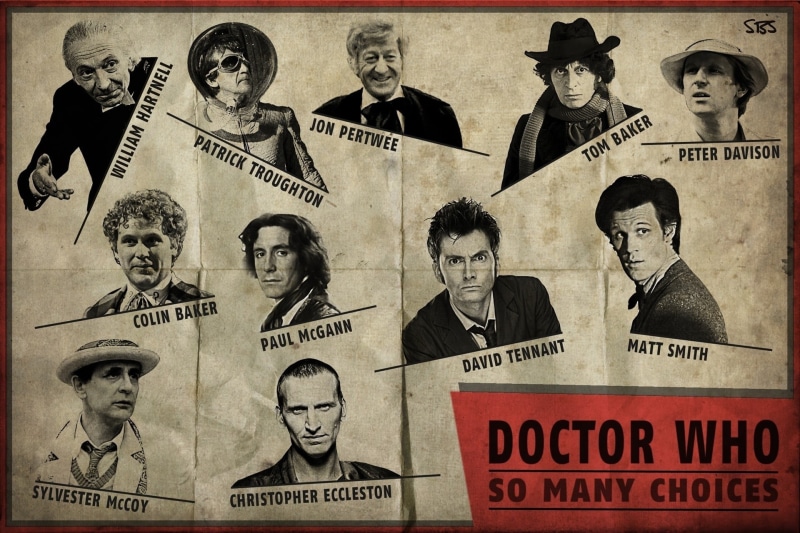 representation, Christopher Eccleston, western script, male likeness, doctor, portrait, many, Tom Baker, The Doctor, group of people, David Tennant, Matt Smith