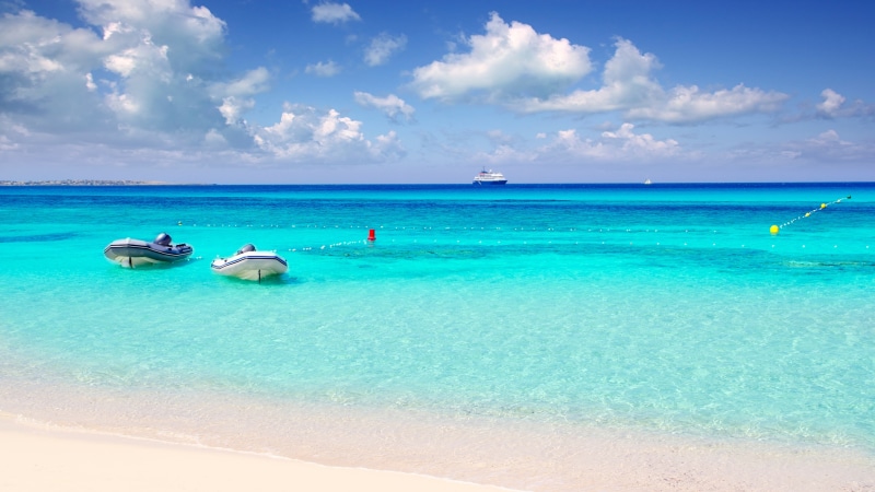shore, boat, Spain, sea, Playa de Ses Illetes, Balearic Islands, white, floating, two, Travellers Choice Awards 2016, blue, Formentera, near, Best beaches of 2016