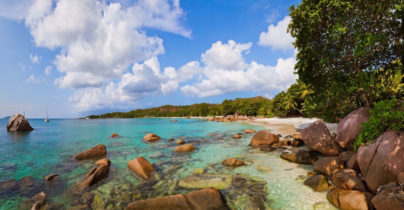 cloud - sky, tree, nature, turquoise colored, 5K, Anse Lazio, tranquil scene, land, water, non-urban scene, outdoors, plant, Praslin Island, solid, rock