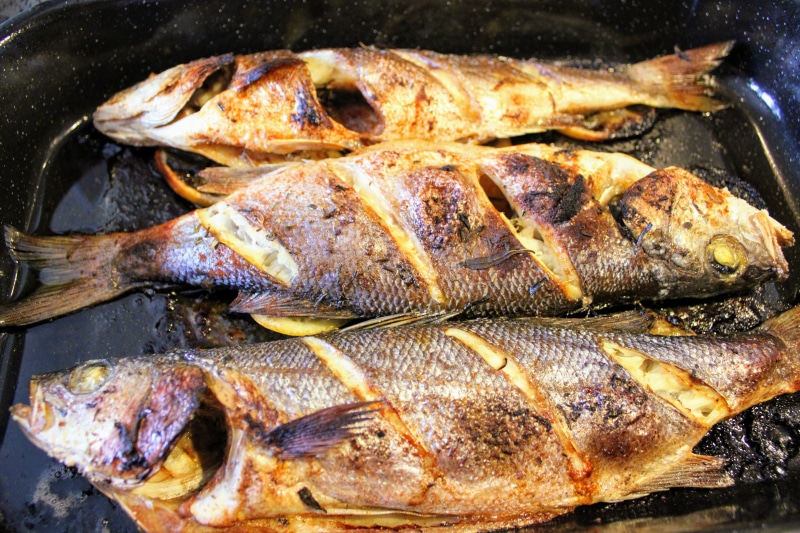 oven baked sea bass, food, animal, barbecue, vertebrate, 5K, dinner, still life, close-up, tasty, healthy eating, grilled, meat, kitchen utensil, fish