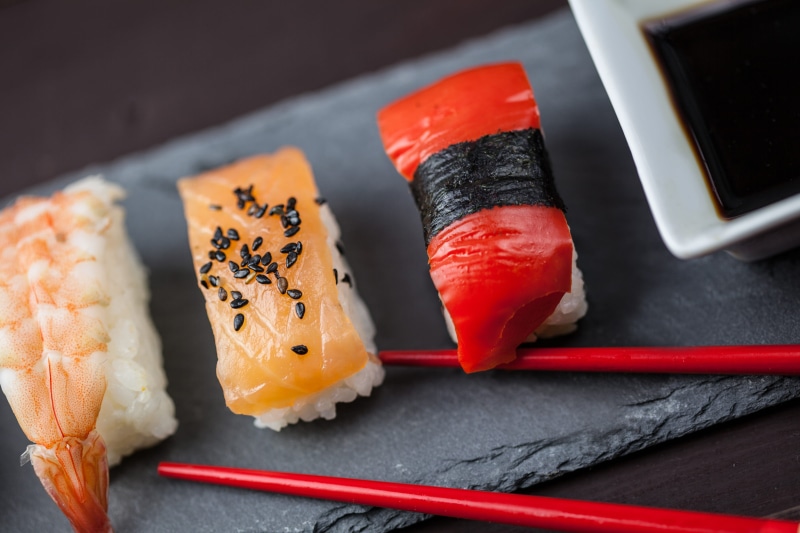 rice - Food Staple, japanese Cuisine, red, tray, fish, meal, freshness, cultures, food and drink, food, food/Drink, wasabi Sauce, seaweed, dinner, slate