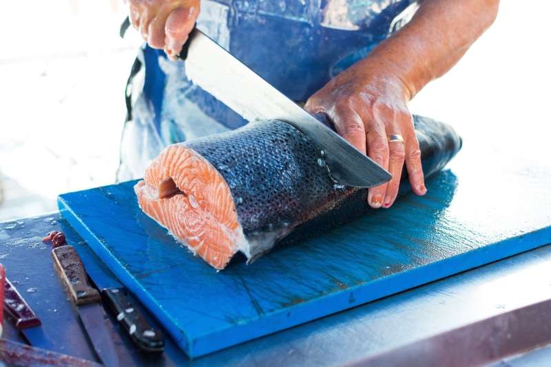 healthy eating, blue, food, people, freshness, preparation, salmon, caught, meat, process, seafood, fresh, occupation, raw Food, manual Worker, hands, fish
