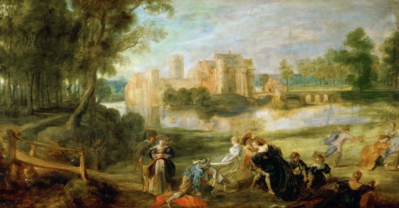 people, Peter Paul Rubens, the bridge, Pieter Paul Rubens, picture, 2K, Landscape with Castle Walls and a Park