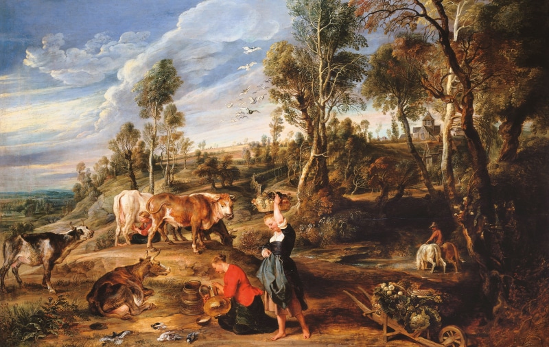 cows, Pieter Paul Rubens, animals, Landscape with Milkmaids, Peter Paul Rubens, 4K, Farm at Laken, picture