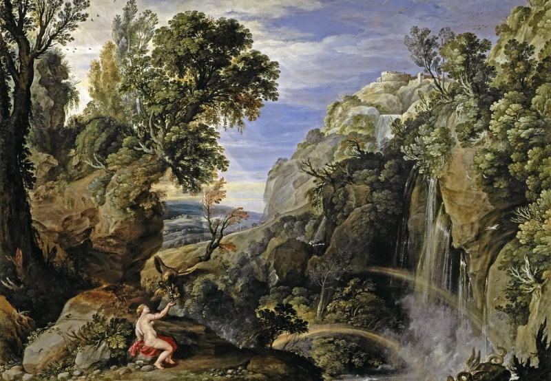 Landscape with psyche and Jupiter, rock, waterfall, 1080P, trees, picture, mythology, Paul Brill