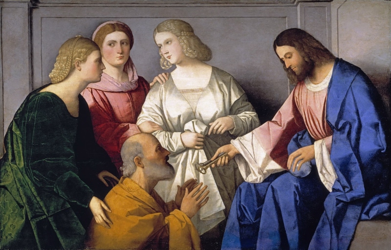 Vincenzo Catena, human representation, Christ Handing Keys To Saint Peter, architecture, males, mythology, adult, men, casual clothing, 1080P, spirituality