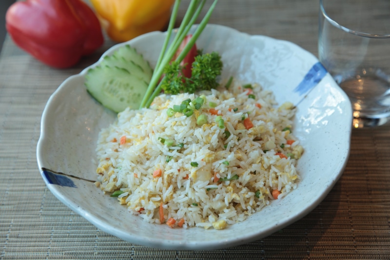 deep, fried rice, white, freshness, rice, food and drink, crispy, fruit, cut, cuisine, chopped, high angle view, crockery, ceramic, meat, knuckle, exotic
