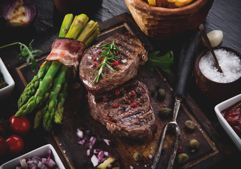 steak, vegetables, 1080P, food, meat