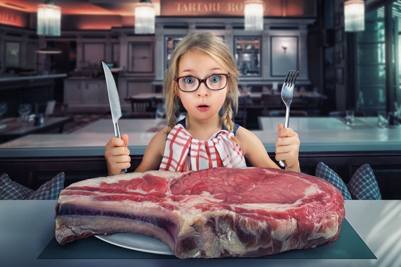 red, meat, females, food, child, people, cheerful, eyeglasses, domestic Kitchen, restaurant, lifestyles, cute, preparation, meal, beef, looking, real people