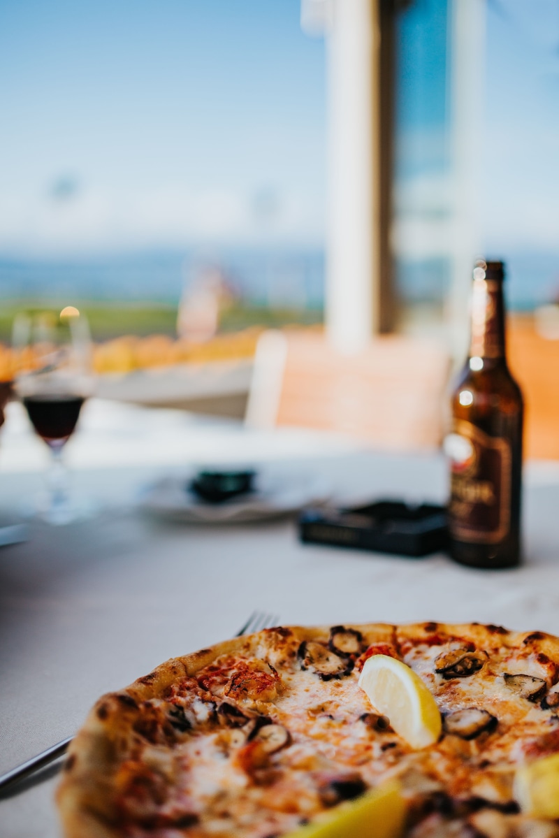 refreshment, cooked, tomato, snack, slice, gourmet, alcohol, glass, meat, freshness, still life, focus on foreground, day, pizza, Bulgaria, vegetable, baked
