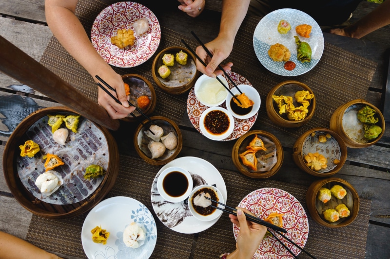 dim sum, directly above, top view, vibrant, freshness, food and drink, meal, dinner, wellbeing, asian, friendship, togetherness, hand, food, 4K, shot