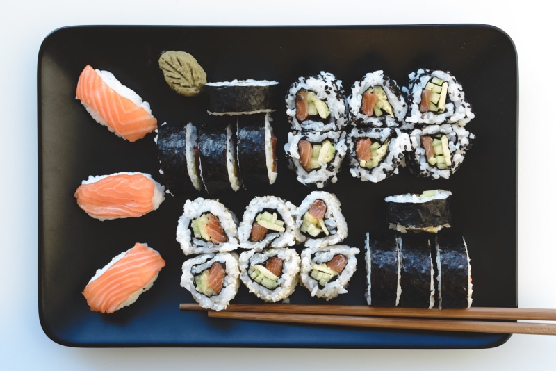salmon - seafood, ready-to-eat, asian food, tuna, dinner, white background, japanese, 5K, temptation, plate, japanese Culture, directly above, prepared Shrimp