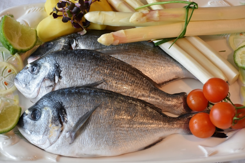 no people, seafood, nutrition, cook, lemon, lunch, healthy eating, main course, tomatoes, fruit, gray, kitchen, healthy, freshness, cooked, fry, day, table