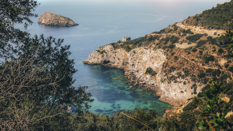 4K, cala del gesso, day, rock, high angle view, tranquil scene, beauty, land, cliff, see, bay, monte argentario, rocky coastline, trees, outdoors, tree