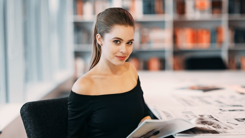woman, Pavel Vozmischev, young women, selective, looking at camera, portrait, smirk, business, black clothing, paperwork, paper, office, business person