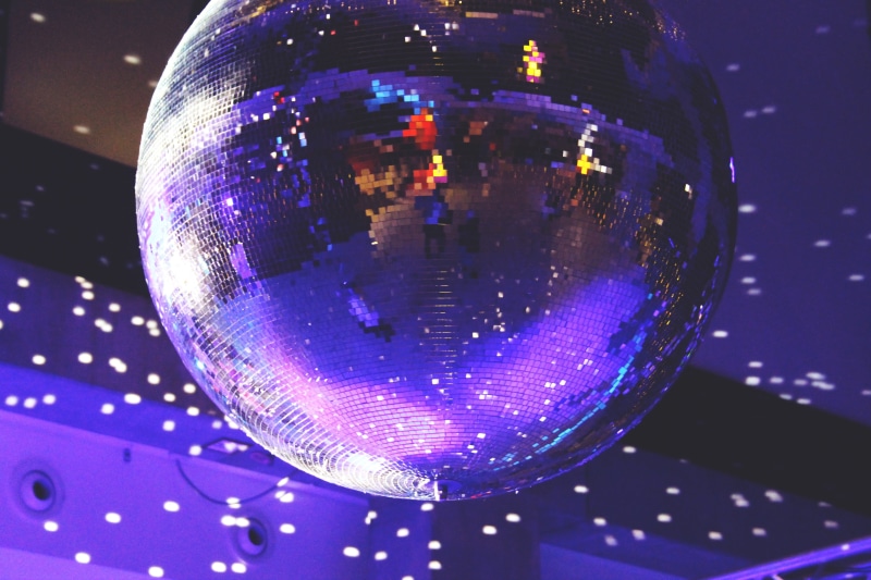 night club, clubbing, light, reflection, low angle view, movement, nightclub, indoors, lights, dance, dance club, silver colored, disco ball, no people