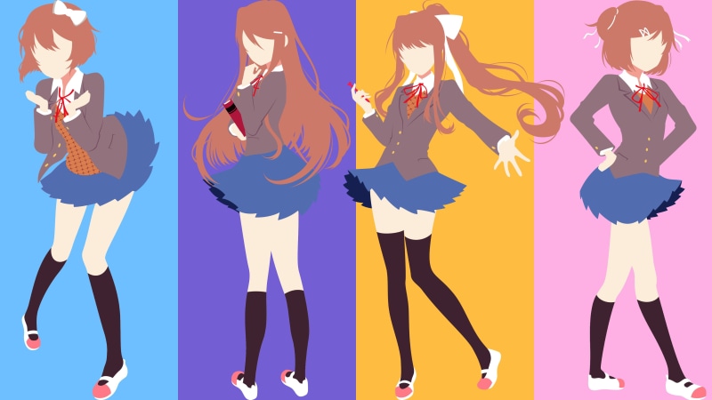4K, Yuri (Doki Doki Literature Club), silhouette, full length, Natsuki (Doki Doki Literature Club), visual novel, women, minimalism, clothing, Doki Doki Literature Club