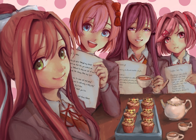 young adult, portrait, beautiful woman, visual novel, Doki Doki Literature Club, for sale, Sayori (Doki Doki Literature Club), looking at camera, representation