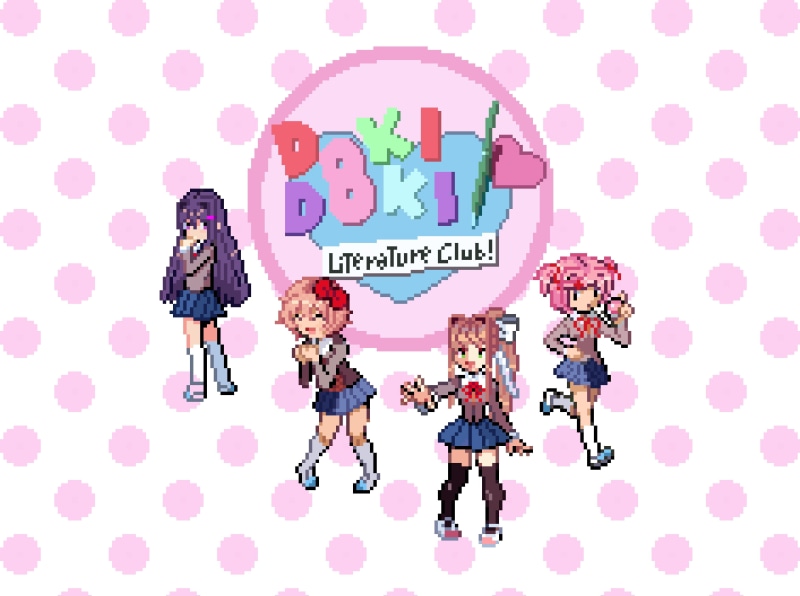 anime girls, social networking, group of people, Monika (Doki Doki Literature Club), Sayori (Doki Doki Literature Club), men, standing, digital composite