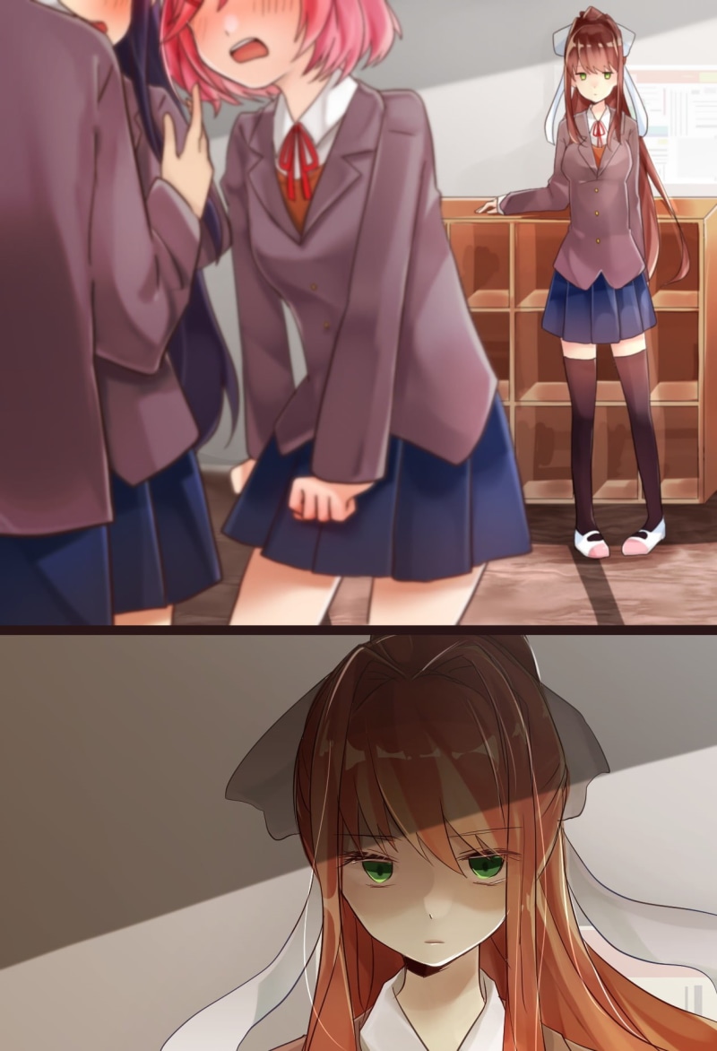 clothing, adult, Yuri (Doki Doki Literature Club), front view, table, Natsuki (Doki Doki Literature Club), 720P, people, Doki Doki Literature Club, Monika (Doki Doki Literature Club)