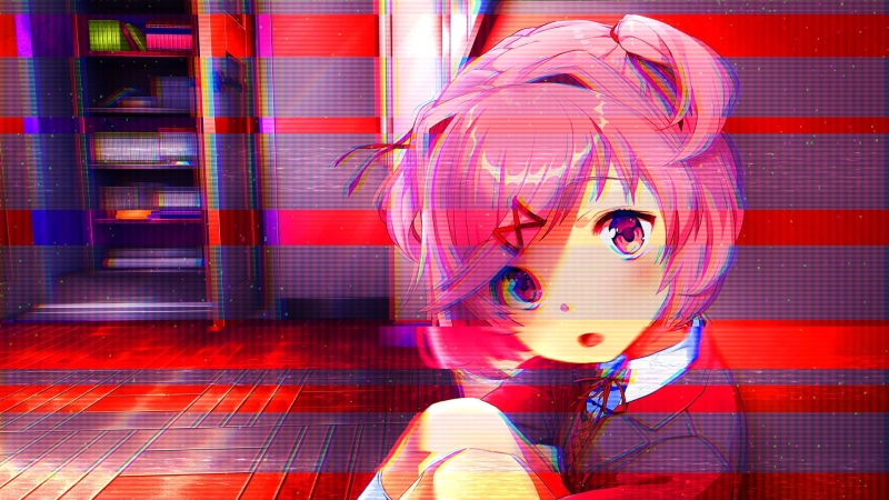 emotion, communication, red, futuristic, Natsuki (Doki Doki Literature Club), anime, glitch art, human body part, headshot, portrait, looking at camera