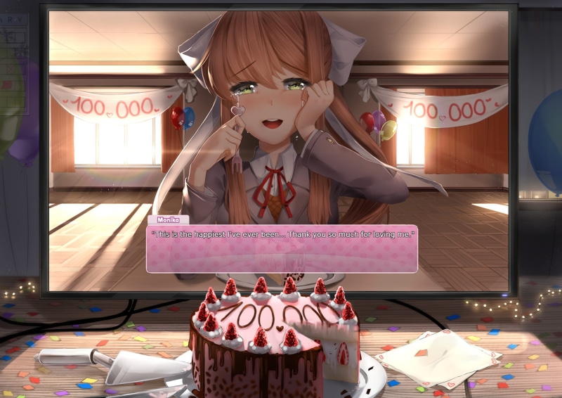 Doki Doki Literature Club!, celebration, human representation, male likeness, indoors, 720P, lighting equipment, event, Monika (Doki Doki Literature Club!)