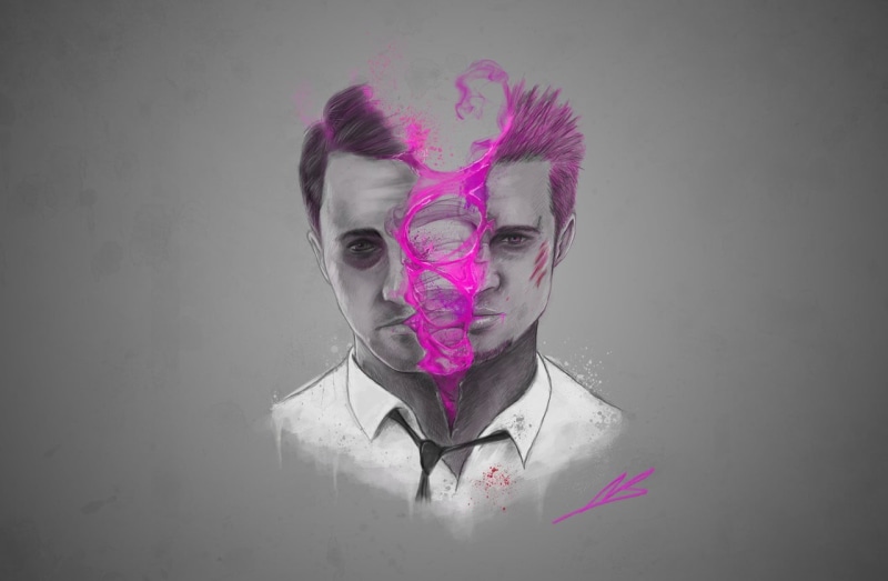Edward Norton, stylized, club, looking at camera, hairstyle, Brad Pitt, artwork, digital composite, front view, fantasy art, fight, portrait, make-up, gray