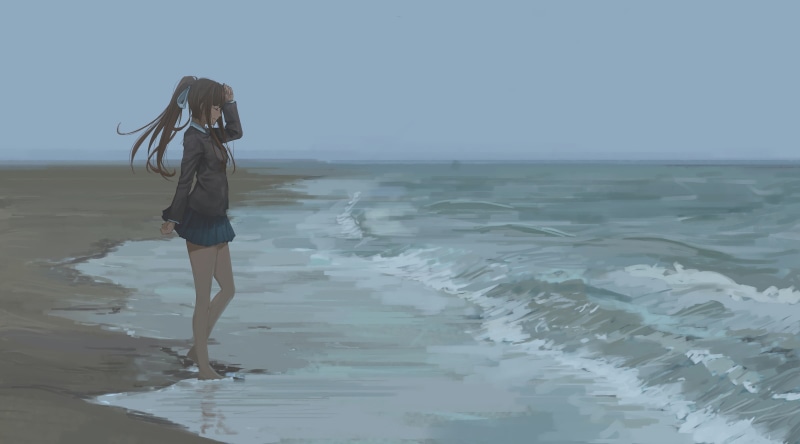 Doki Doki Literature Club, beach, water, ribbon, 1080P, skirt, Monika (Doki Doki Literature Club), sand