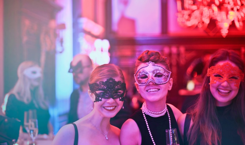 2K, 25-30 years, mystery, group of people, three, woman, masquerade, wine glasses, enjoying, women, masks, young, friends, champagne, friendship, holding