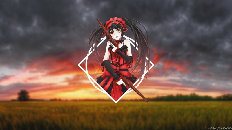 holding, clothing, outdoors, picture-in-picture, anime girls, beautiful woman, sky, red, one person, field, women, plant, storm, land, environment, young adult