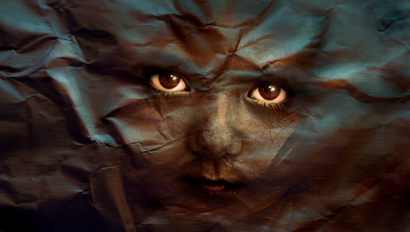 young adult, indoors, composing, crumpled, digital composite, human, one person, close-up, structure, headshot, weird, view, human eye, black, human body part