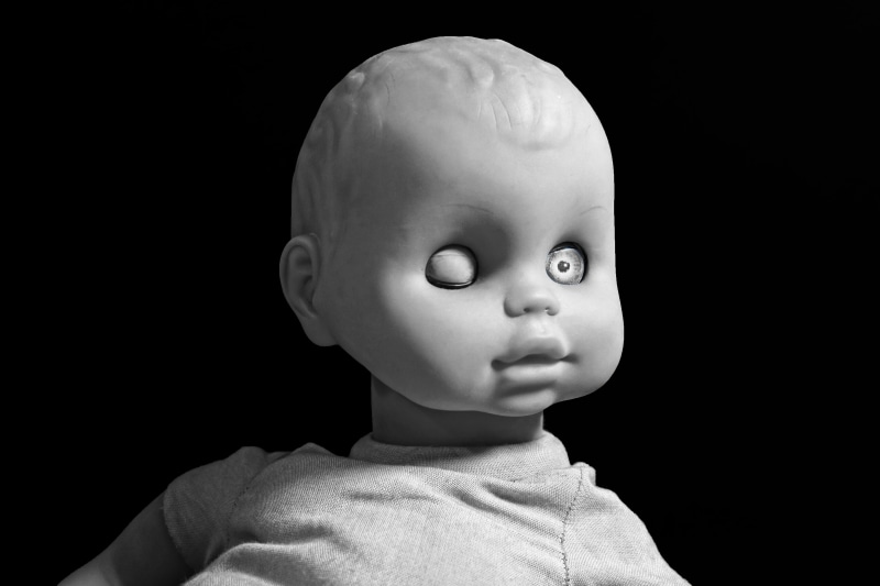 grayscale, 5K, looking, infant, one person, doll, girl toy, looking away, close-up, headshot, toddler, photo, open eye, creepy, baby doll, face, cut out