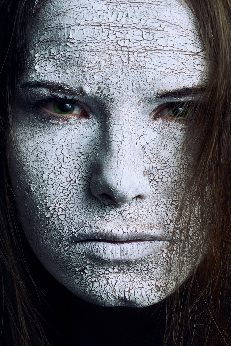 indoors, females, looking at camera, headshot, body part, skin, halloween, green, one person, close-up, cracks, creepy, evil, woman, eyes, intensive, cracked