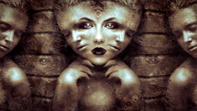 mysticism, mystical, studio shot, representation, creepy, spooky, mirror, looking at camera, brown, people, mirror image, art and craft, close-up, s, aggression