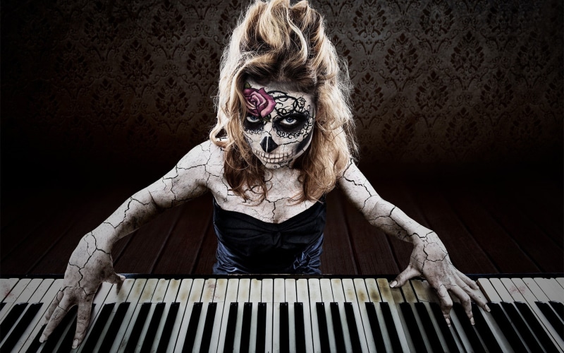 piano, black dress, long hair, playing, 1080P, model, Sugar Skull, body paint, women, Dia de los Muertos, looking at viewer, face, blonde, creepy, skull