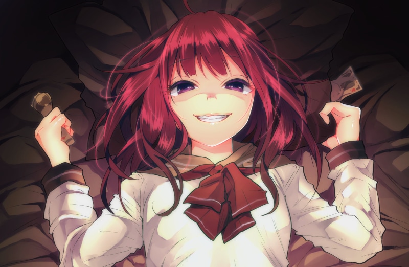 1080P, redhead, bed, Crazy Face, creepy eyes, school uniform, Smile, anime, smirk, money, pillow