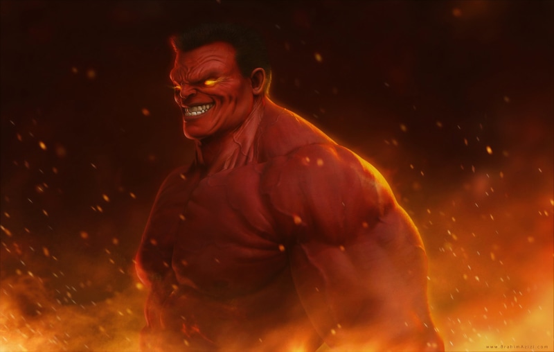 character design, creepy eyes, yellow eyes, burning, superhero, smiley, Marvel Cinematic Universe, smiling, Thunderbolt Ross, creepy, fire, Marvel Comics