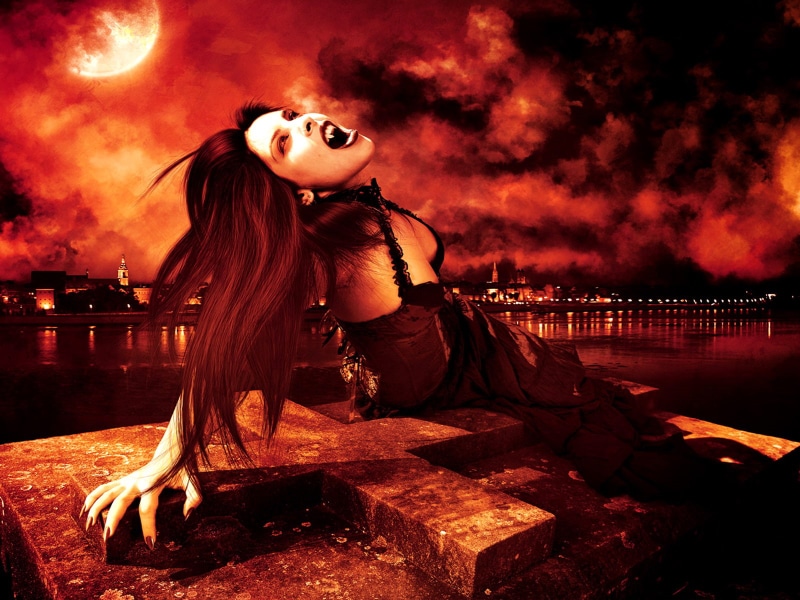 fangs, females, dark, cleavage, 720P, spooky, art, girls, digital, scary, horror, manipulation, fantasy, brunette, face, gothic, vampire, eyes, clouds