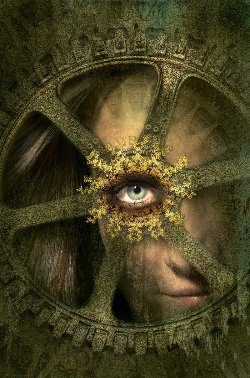 photo montage, portrait, mystery, composing, photo, eye, close, green, old, beautiful woman, indoors, 4K, haunt, gloomy, obscured face, wheel, by looking