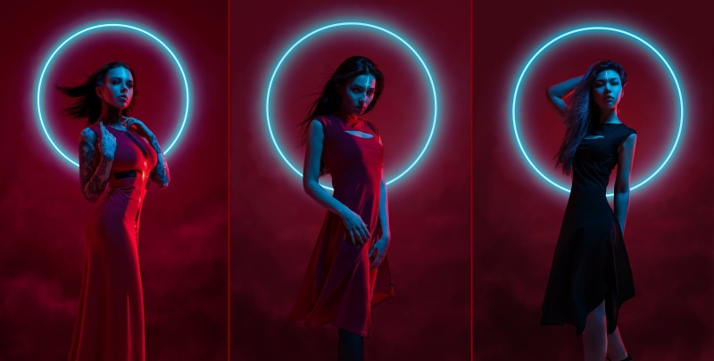 women, neon lights, red background, circle, inked girls, model, tattoo, 2K, neon, collage, photo manipulation, dress