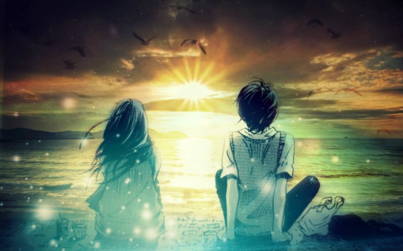 rear view, 1080P, sunset, artwork, two people, digital art, female, anime, women, fantasy art, sky, cloud - sky, beach, photo manipulation