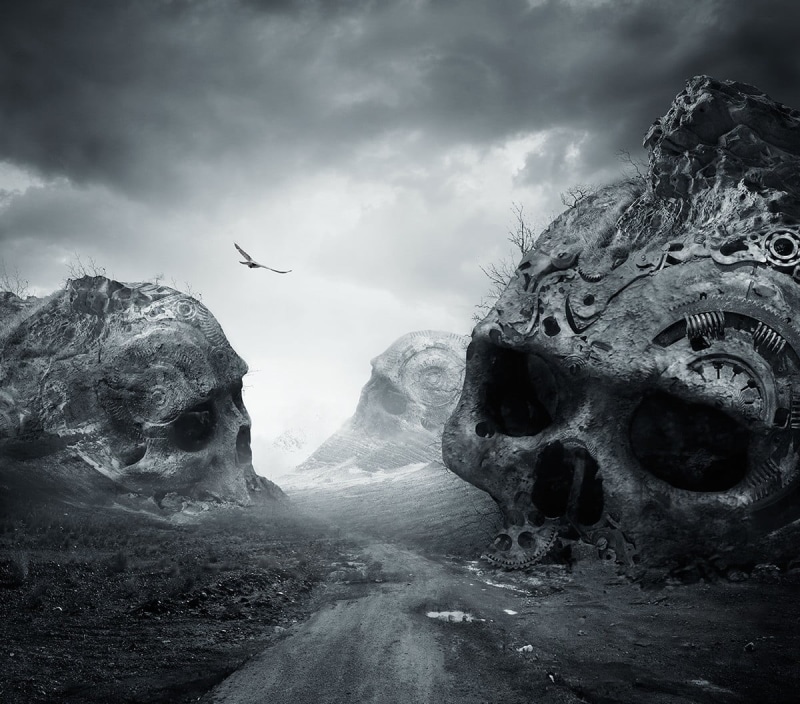 rock - object, skulls, three, 480P, death, outdoors, fear, birds, scenics - nature, dark, spooky, beauty in nature, monochrome, landscape, nature, animal themes