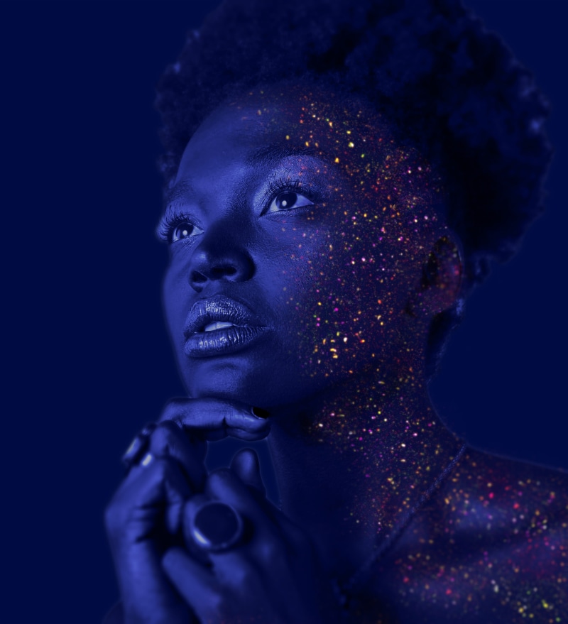 fashion, profile, photoshoot, serious, makeup, beautiful, woman, dark, sparkle, design, side view, pose, close-up, glitter, indoors, young adult, black background