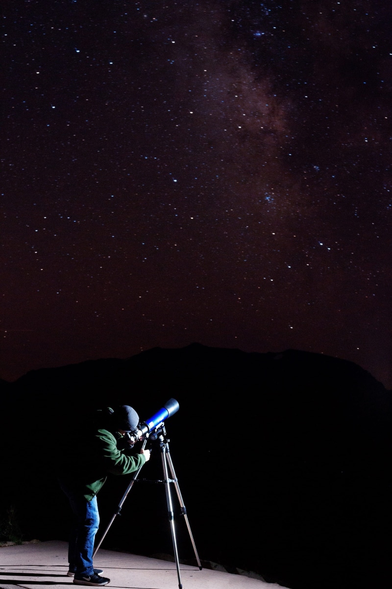 science, photographer, outdoors, occupation, scenics - nature, digital camera, galaxy, 2K, technology, cosmos, sky, full length, space, lifestyles, standing