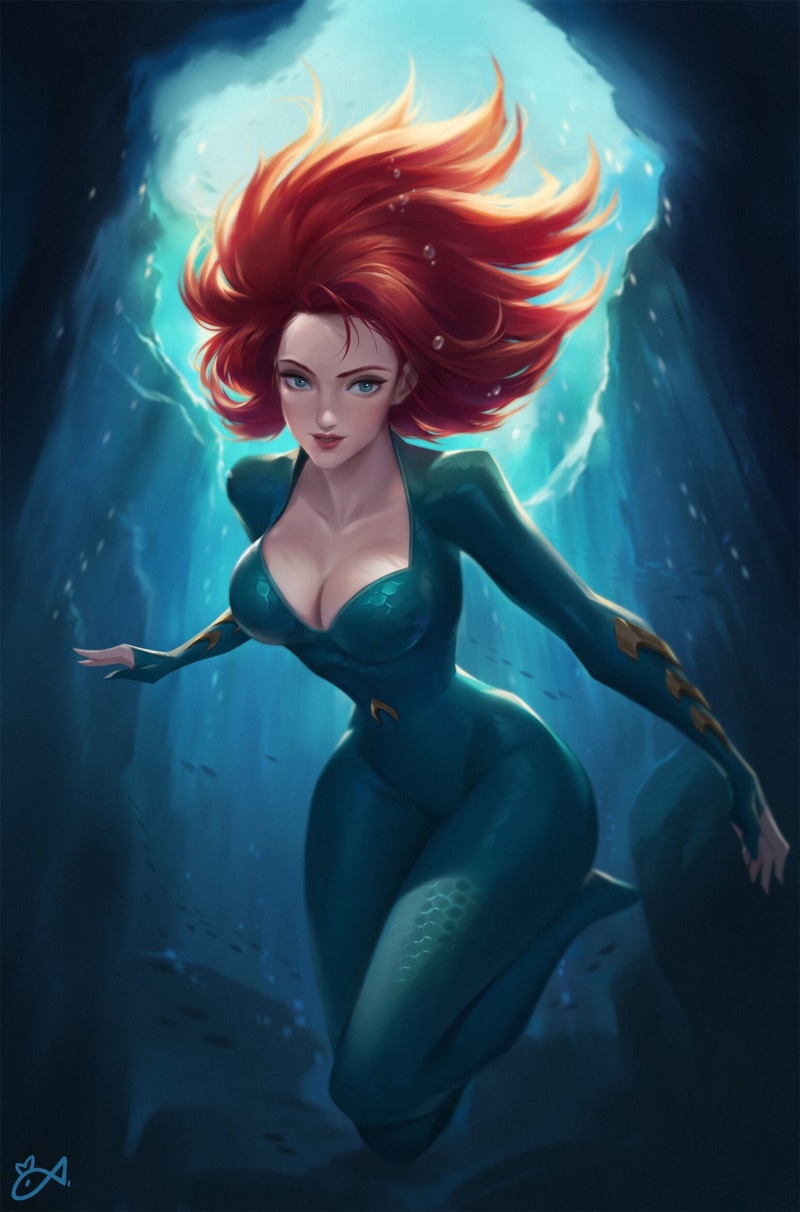 tight clothing, fan art, deep sea, blue eyes, Mera, drawing, underwater, illustration, looking at viewer, 2D, Citemer Liu, sea, redhead, digital art, anime girls