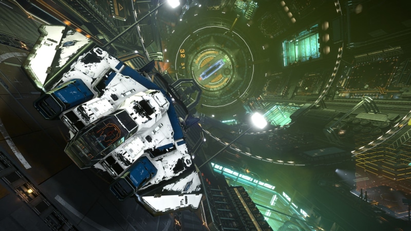 technology, city, Elite: Dangerous, high angle view, night, illuminated, mode of transportation, ASP Explorer, travel, illustration, blue, Starport, connection