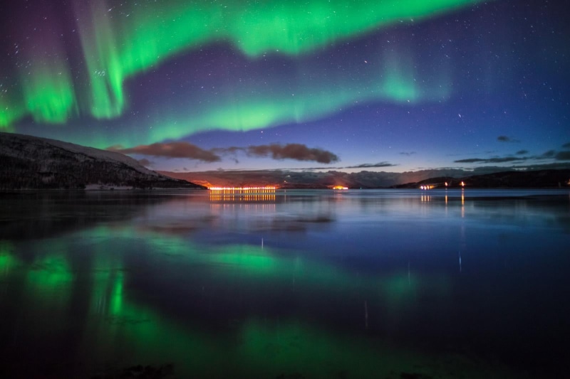 Double, aurora Polaris, star - Space, aurora, red  green  blue, galaxy, mountain, seaside, green, Mystique, nature, blue  reflection, distant, lights, sea