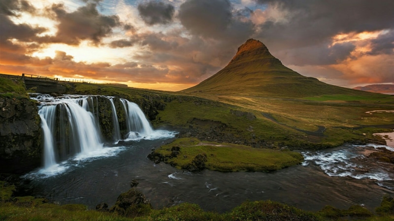 sunset, scenics - nature, mountain, kirkjufell waterfalls, motion, wilderness, environment, travel destinations, outdoors, grundarfjorour, stream - flowing water