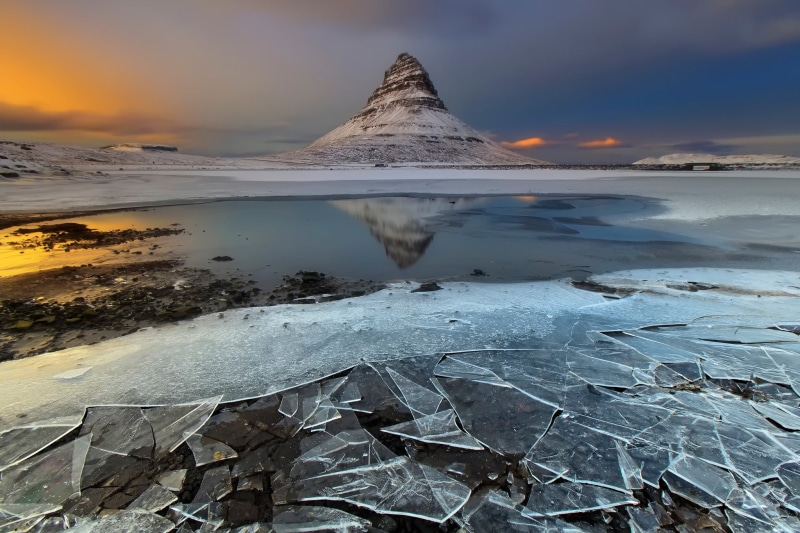 sunset, nature, Iceland, 1080P, tranquility, cloud - sky, body, lagoon, water, outdoors, beauty in nature, winter, ice, frozen, mountains, reflection